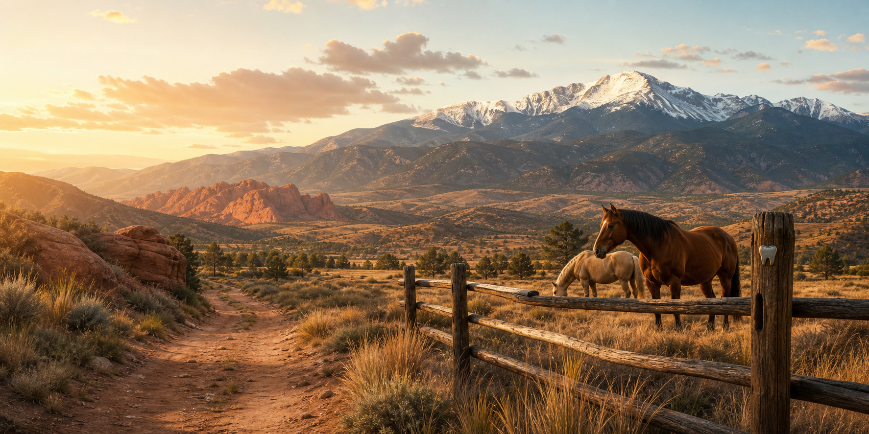 Generated Colorado Springs western mountain landscape with horses and split-rail fence